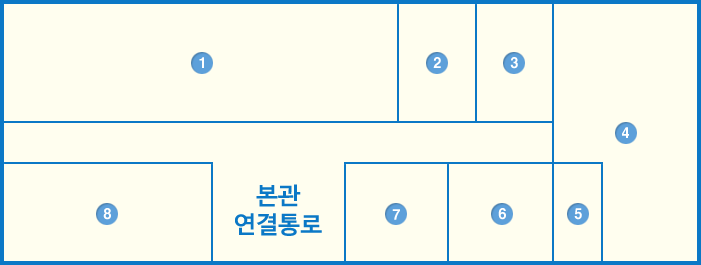  별관 지하1층 - 생활민원과, 구청장실, 비서실, 자치행정과, 계단, 승강기, 화장실, 본관연결통로 위치