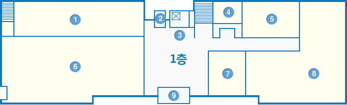 1층 - 문서고, 후문, 승강기, 화장실, 농협, 민원지적과, 당직실, 어린이집, 정문 위치