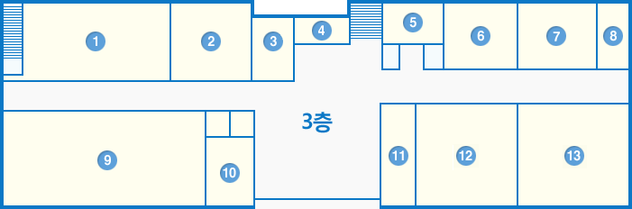  3층 - 도시건축1과, 문서고, 주정차단속반대기실, 승강기, 화장실, 공조실, 산업환경과, 교통상황실, 로비, 재난상황실, 건설과, 도로과 위치